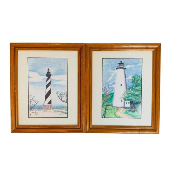 Coastal North Carolina Lighthouse Illustration Drawings VTG Set Of 2 Signed Art - Picture 14 of 14